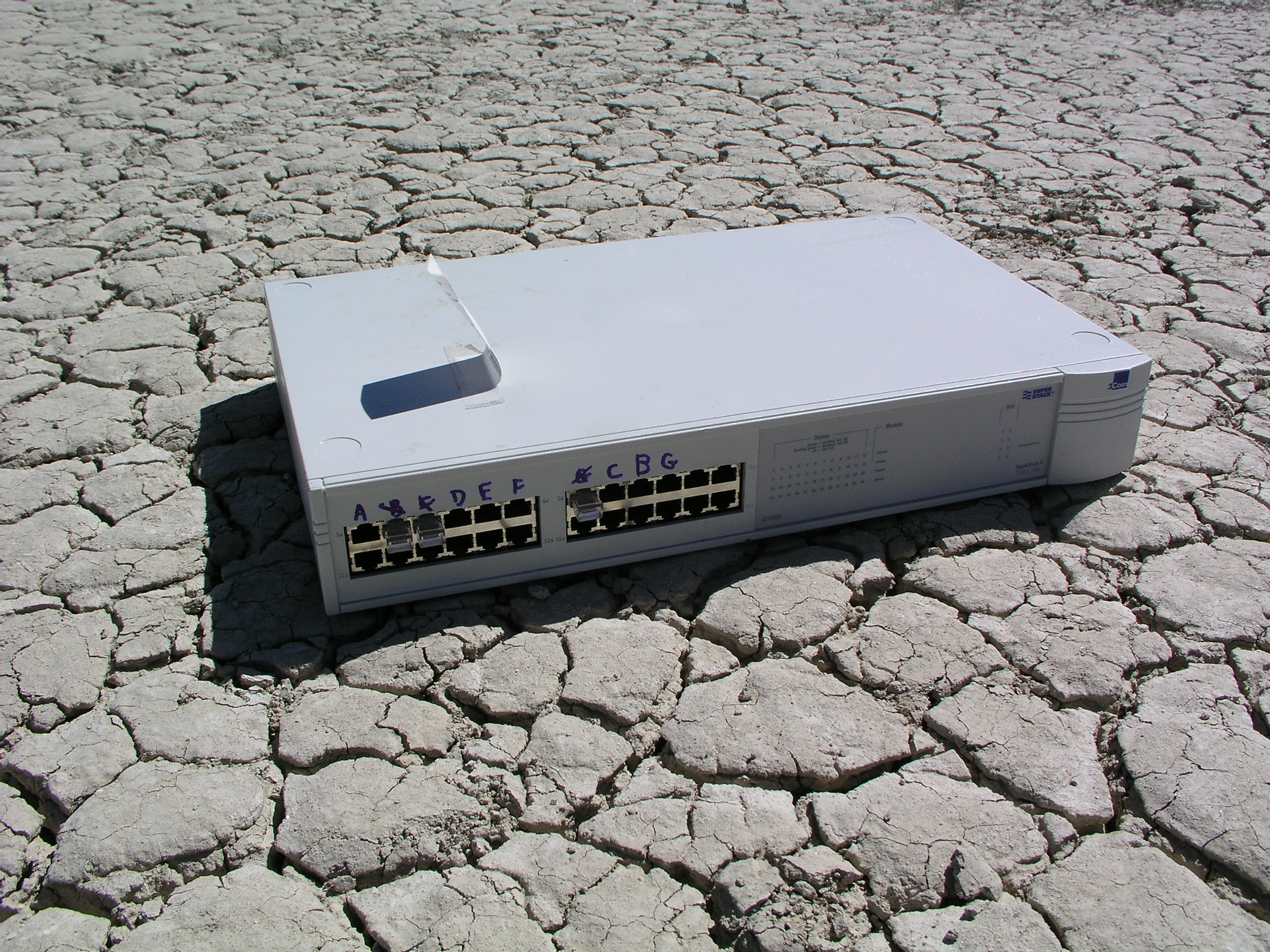 Ruggedized(hah!) 3com ethernet switch in its natural habitat during SoLA install.